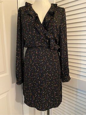 POPSUGAR Black Star-Print Ruffle Wrap Long-Sleeve Dress- Size XL
